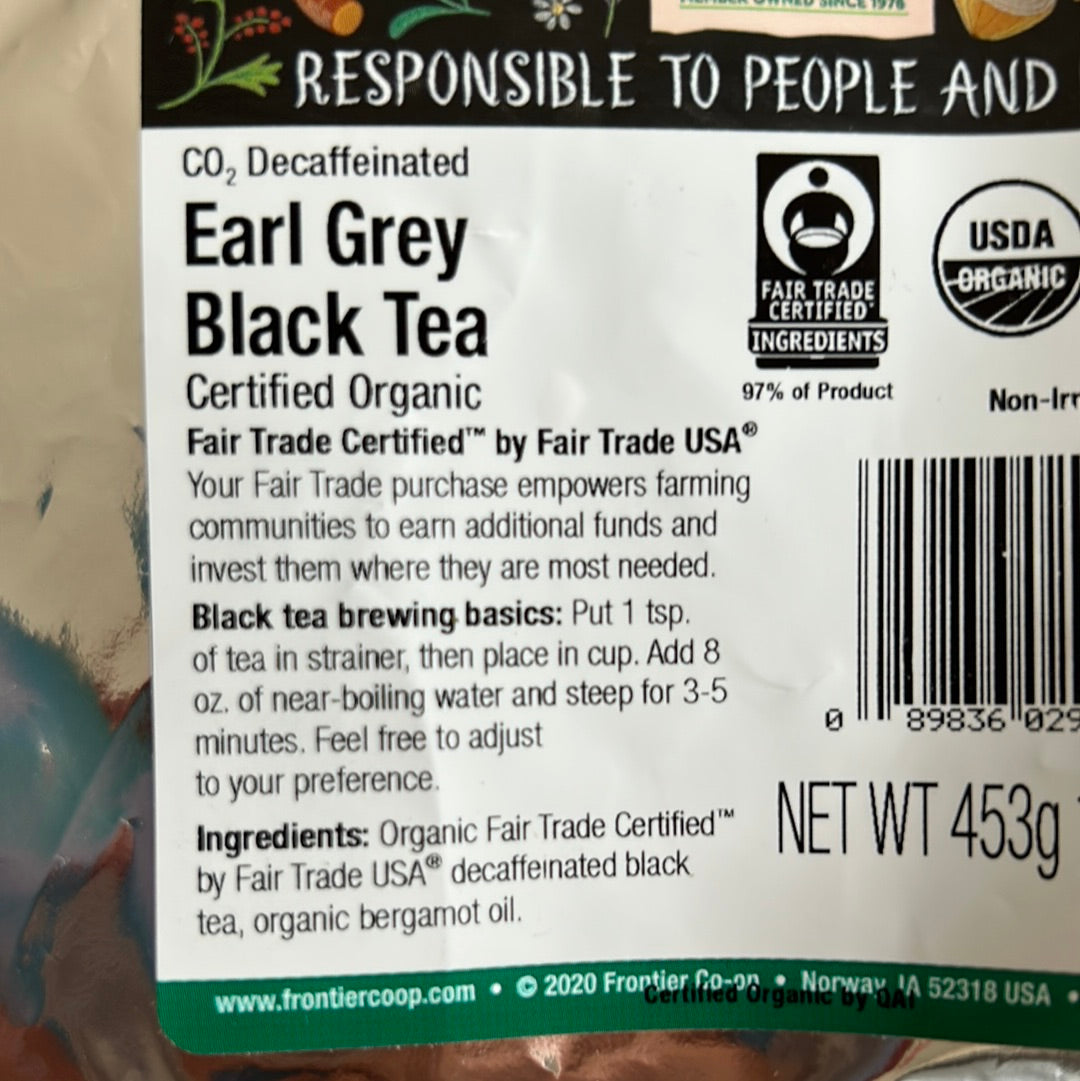 FRONTIER COOP CO2 DECAFFEINATED EARL GREY BLACK TEA, ORGANIC, FAIR TR