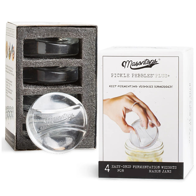 Masontops pickle ferments packaging with black weights and a clear weight on a white background