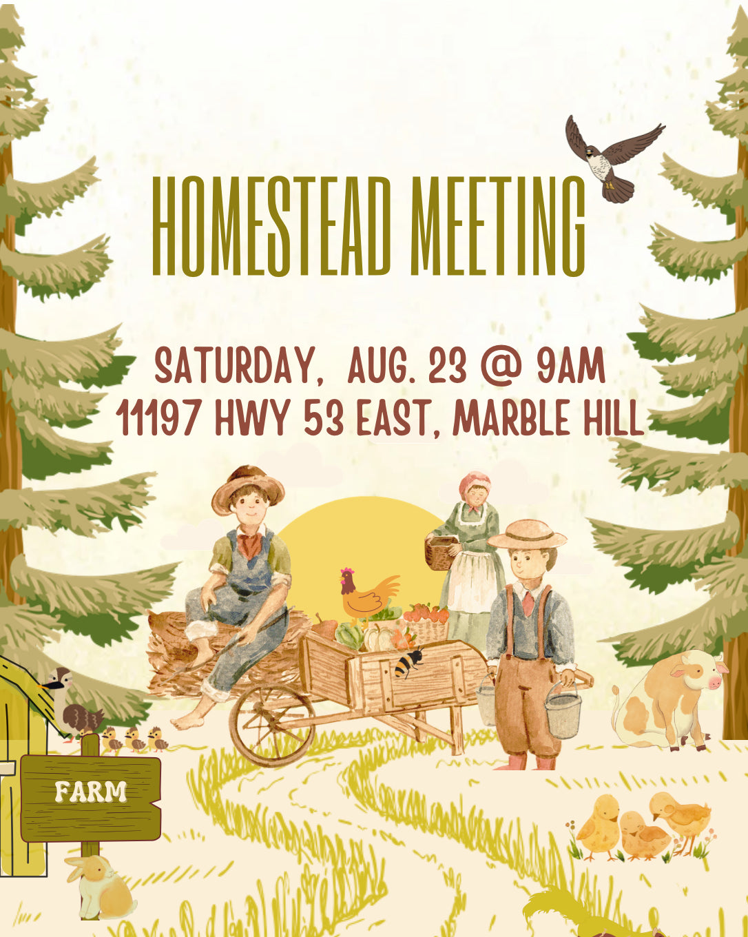 Advertisement for a homestead meeting with illustrations of people and animals on a farm.