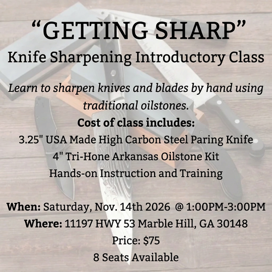 Getting Sharp knife sharpening class flyer: November 14, 2026, from 1–3 PM at North Georgia Homestead Supply in Marble Hill, GA. $75; limited to 8 participants.