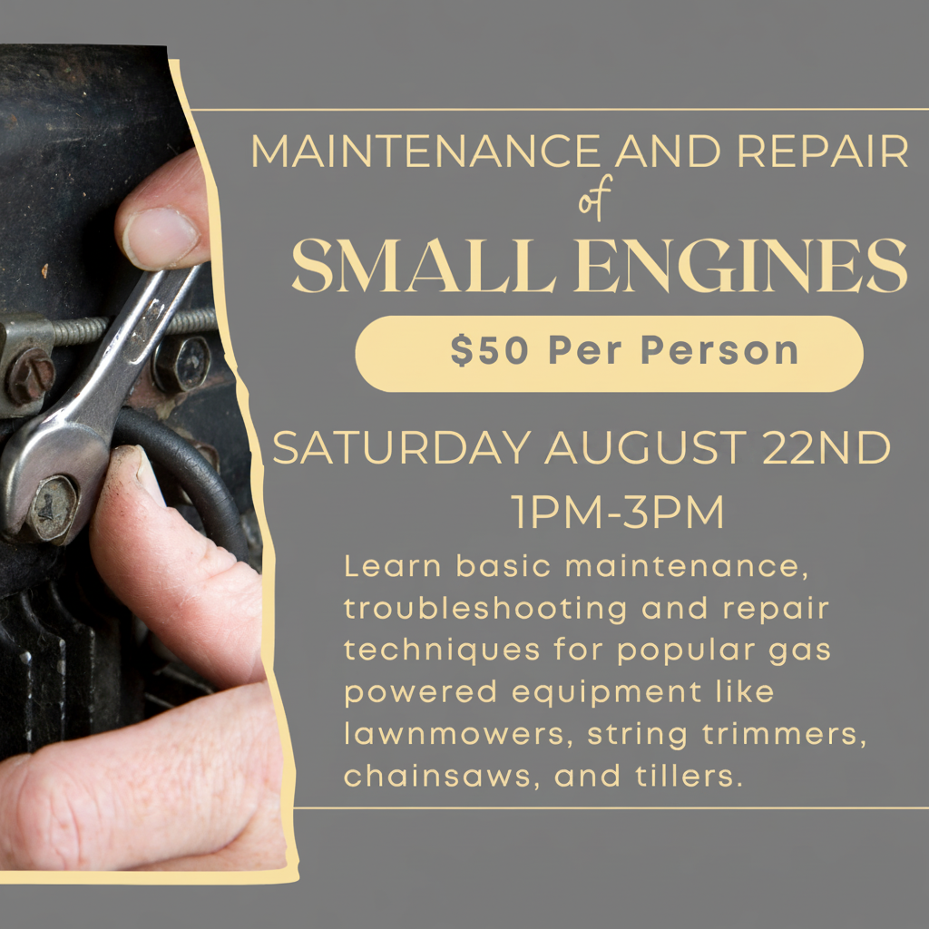 Advertisement for small engine maintenance and repair workshop with text and a hand holding tools.