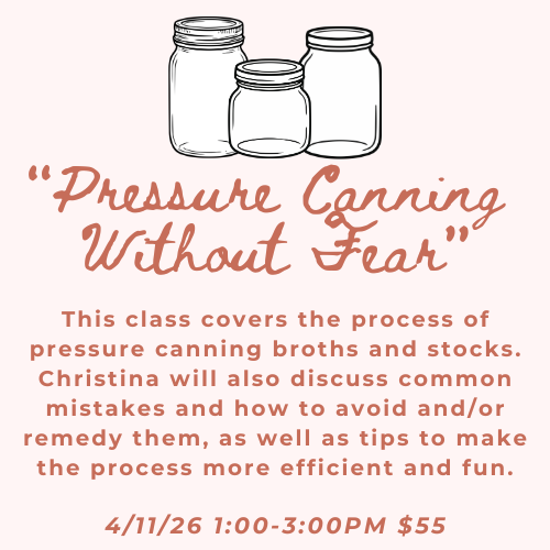 Advertisement for a pressure canning class with text and illustrations of jars on a white background.