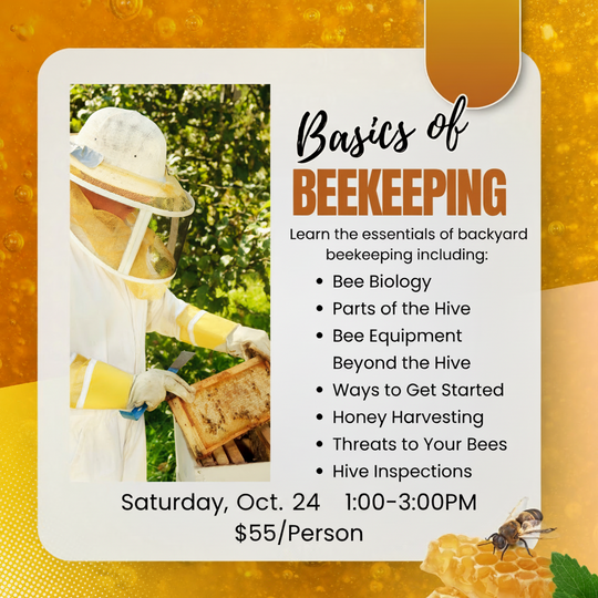 Advertisement for a beekeeping class with a person in a beekeeper's suit holding honeycomb.